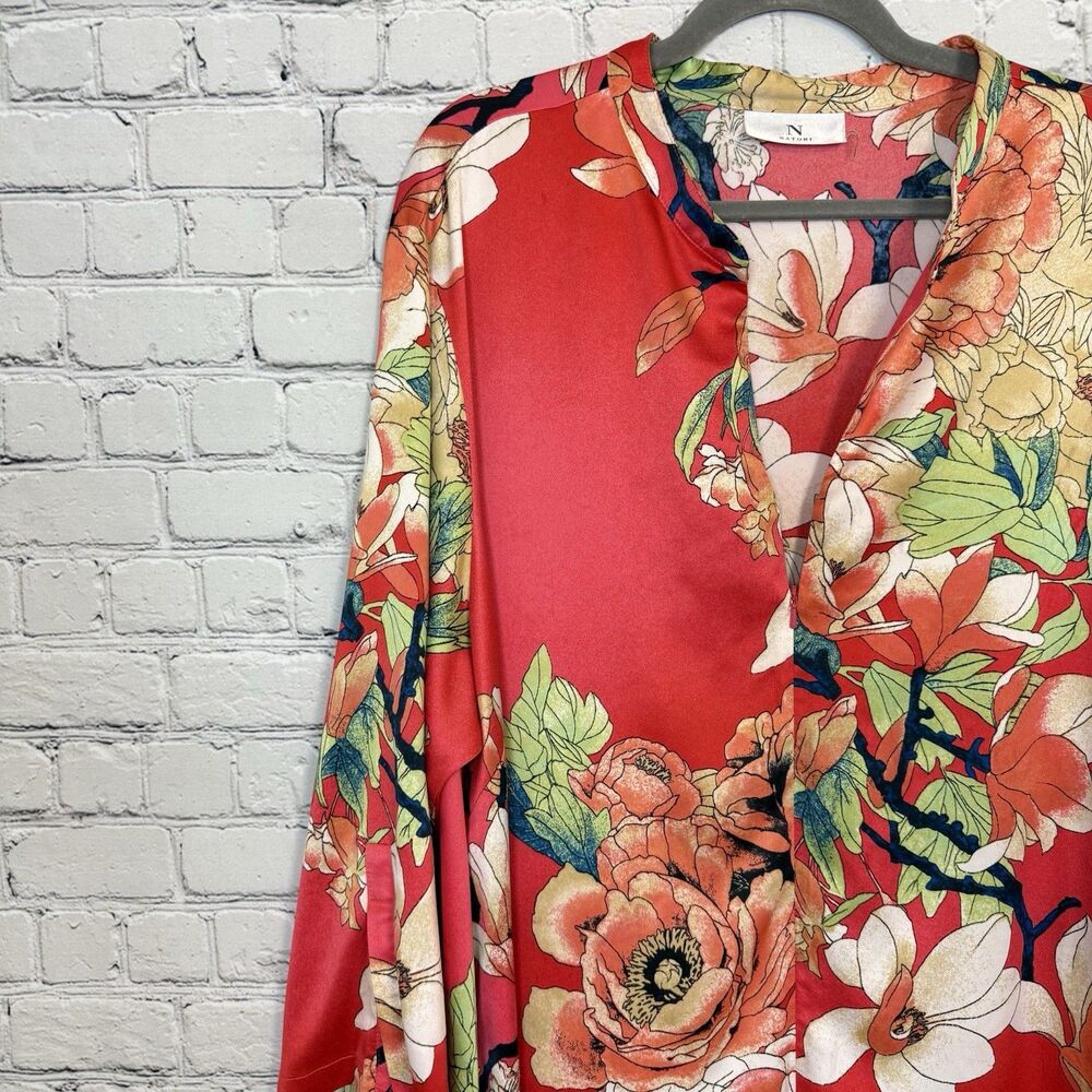 Natori Enchanted Lotus Satin Zip Caftan Women Plus 2X Boho Resort Art To Wear - Picture 6 of 16